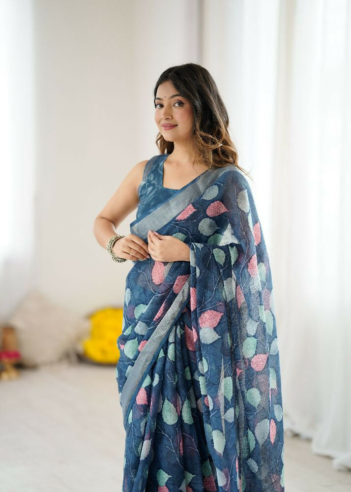 PR Fashion Dark_Blue Linen Patta Printed Saree