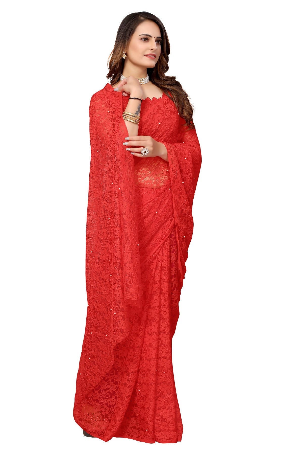 Vamika Ethnic Fire Red Pearls Net Saree