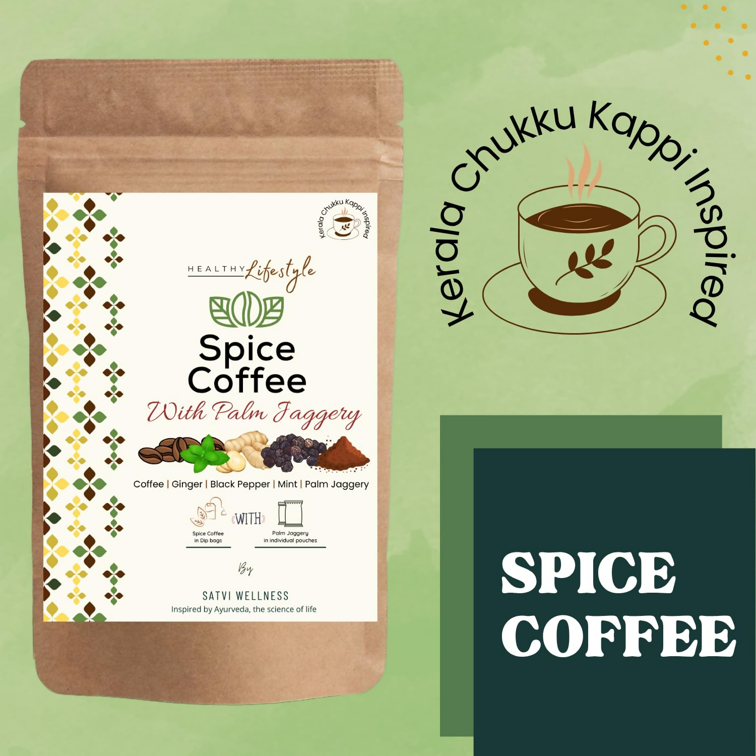 Satvi Wellness Chukkukappi With Mint And Palm Jaggery Blend Of Coffee Powder With Ginger, Black Pepper & Mint In Biodegradable Tea Bags | Spice and Mint Coffee | Herbal Infusions