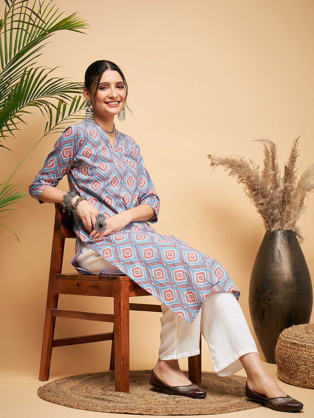 InWeave Women's Blue Pink Print Angrakha Style Straight Kurta Pant Set