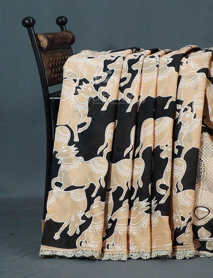 Black And Beige Combo Colour Pichwai Print Crocia Mulmul Cotton Saree By Gayathri Reddy Designer Studio