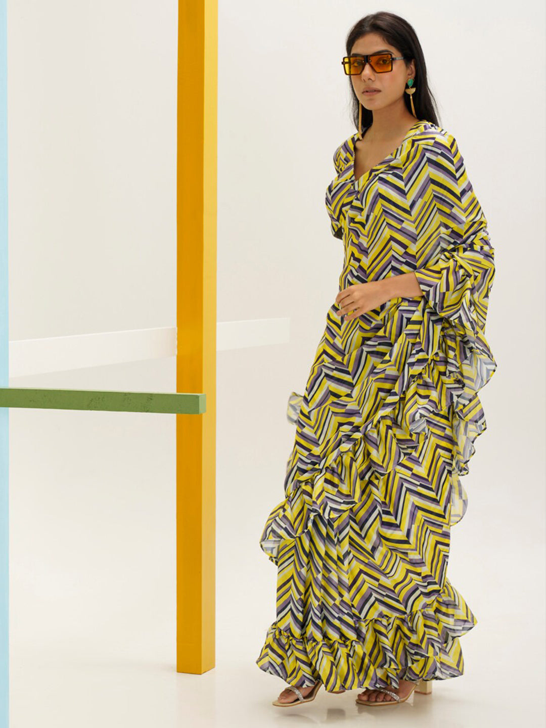 Tikhi Imli Geometric Digital Printed Ruffled Ready to Wear Saree