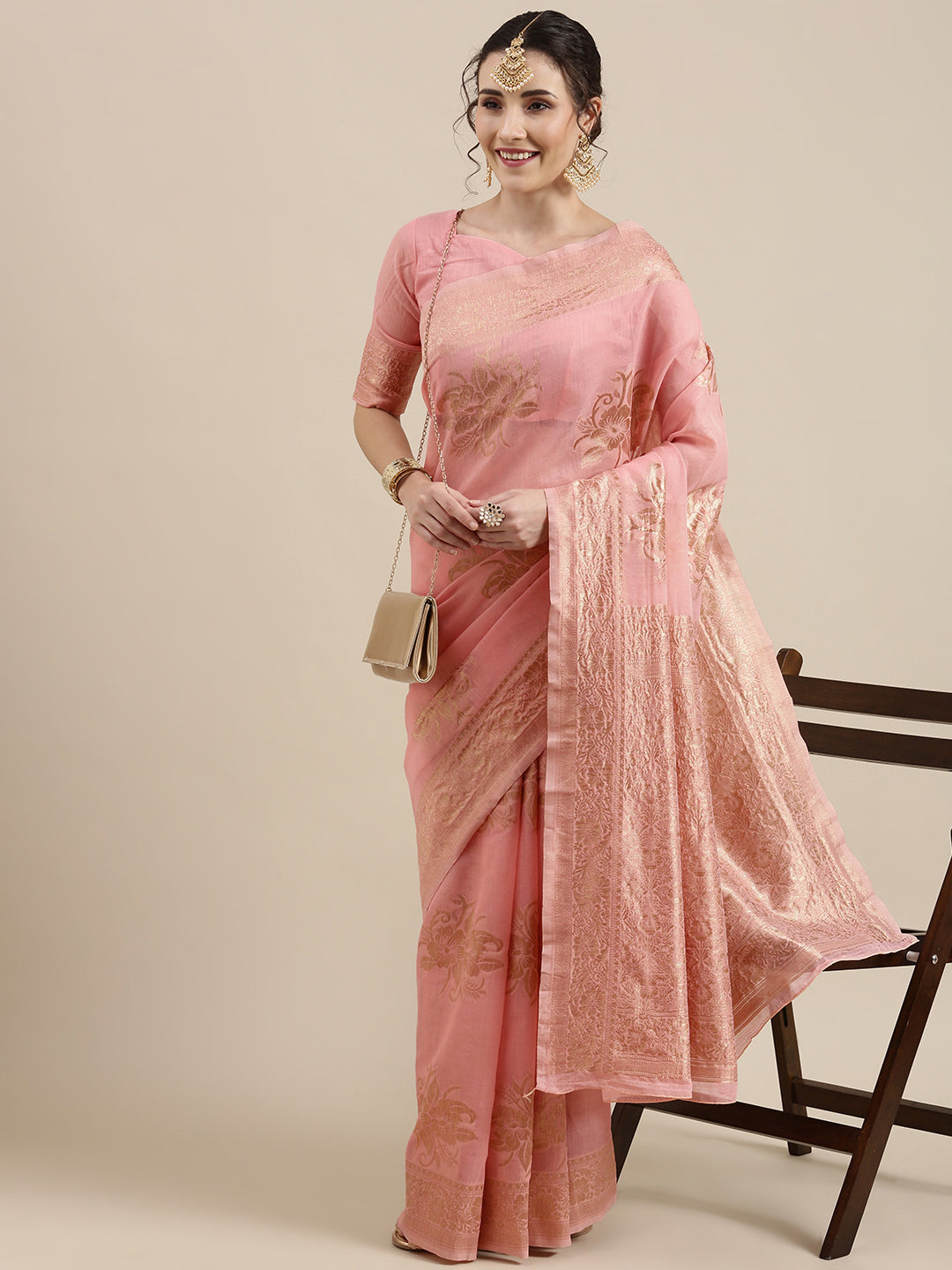 Saree Mall Pink Floral Linen Blend Banarasi Saree