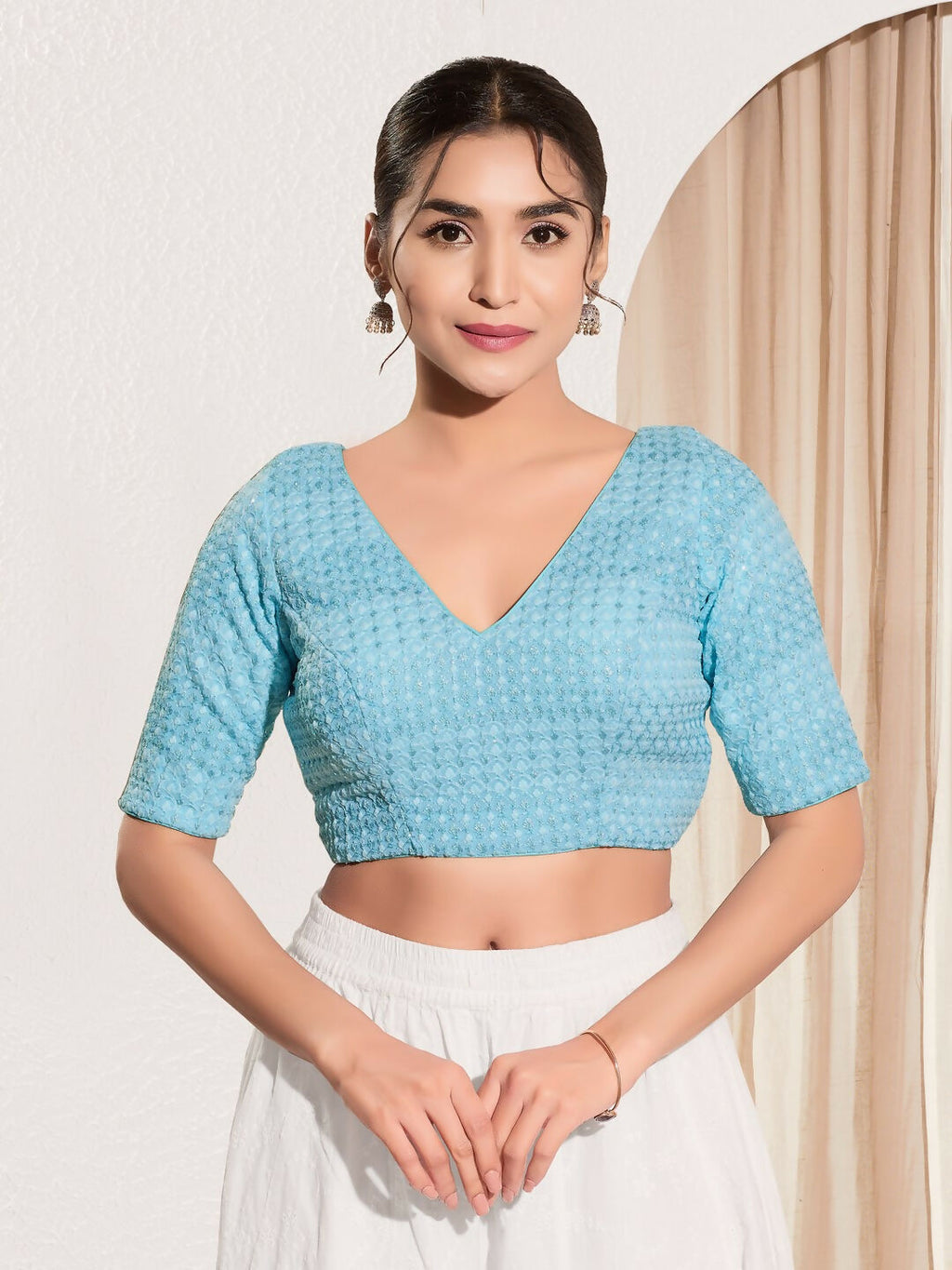 Joban Fashion Light Blue Crochet Padded Blouse With V Neck Elbow Sleeves