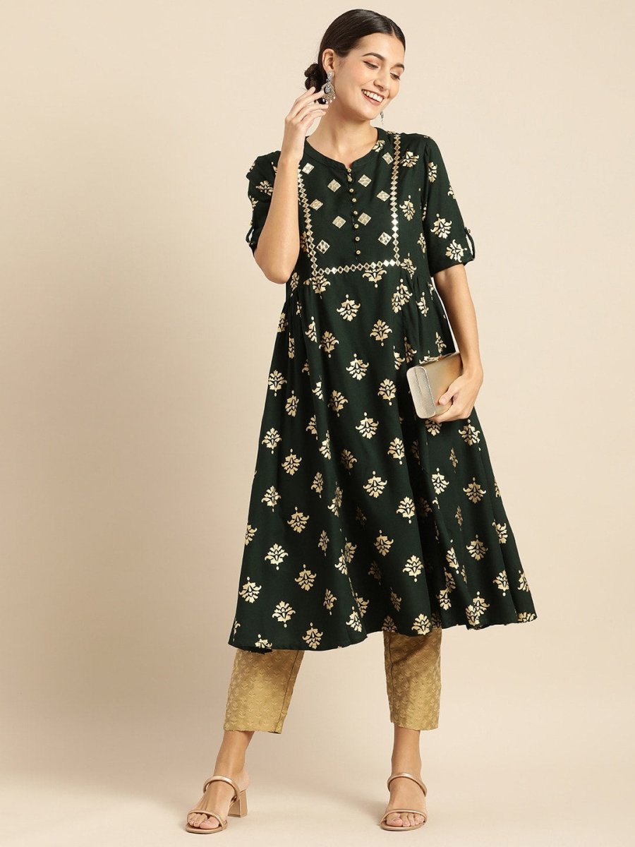 All About You Women Teal Green & Gold-Toned Ethnic Motifs Printed Mirror Work Kurta