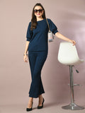 Myshka Women's Blue Solid Boat Neck Party Top With Trousers Co-ord set