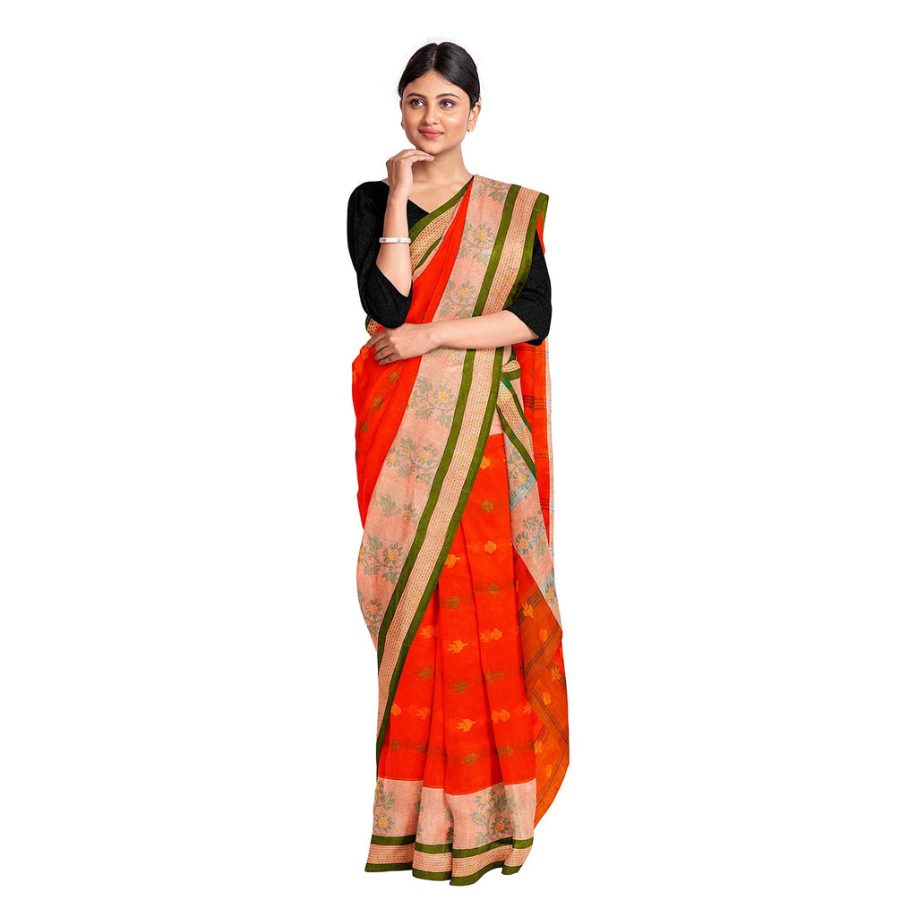 Exclusive Collection 100% Pure Cotton Tomato Red Tant Saree With Hand Weaving Work