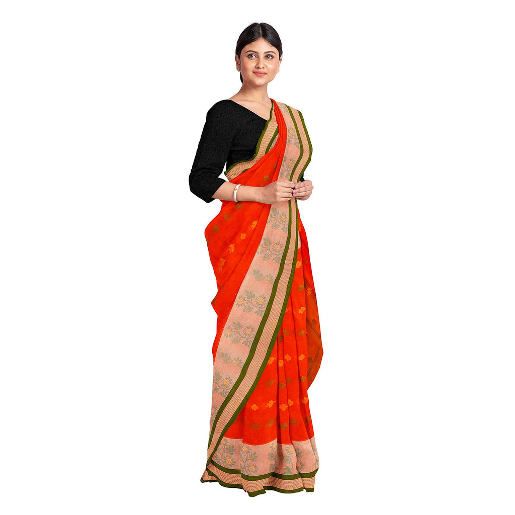 Exclusive Collection 100% Pure Cotton Tomato Red Tant Saree With Hand Weaving Work