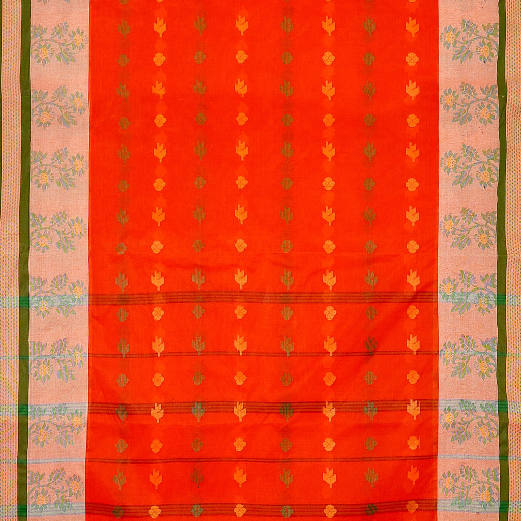 Exclusive Collection 100% Pure Cotton Tomato Red Tant Saree With Hand Weaving Work
