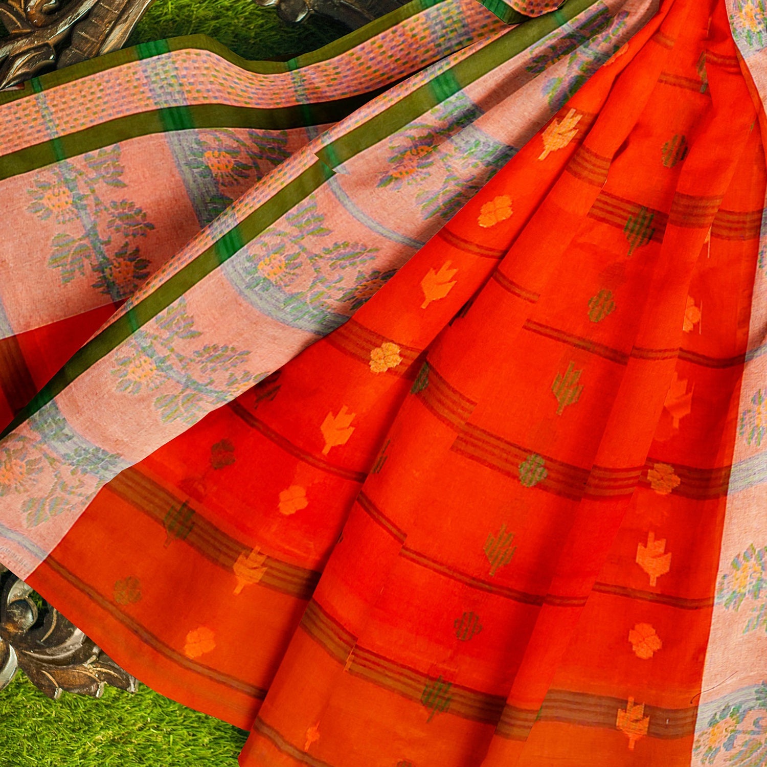 Exclusive Collection 100% Pure Cotton Tomato Red Tant Saree With Hand Weaving Work