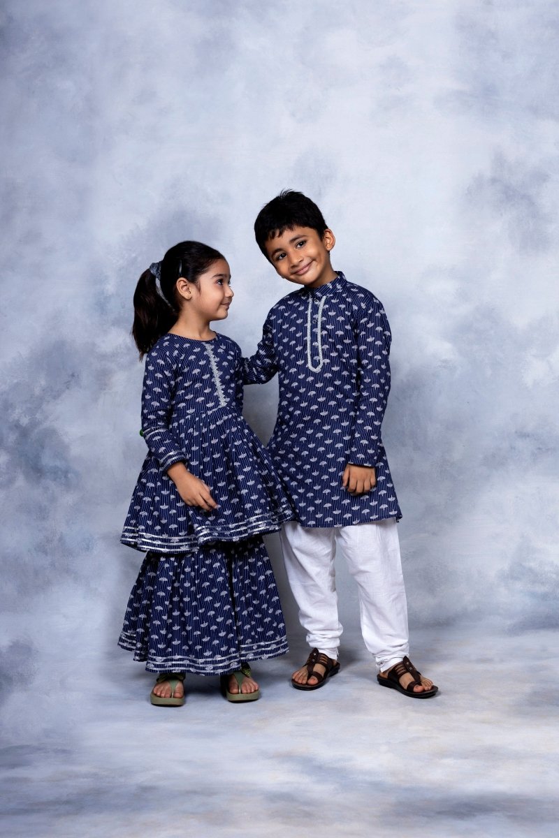 Ahalyaa Boys Navy Blue Pure Cotton Digital Print Kids Kurta Churidar Set