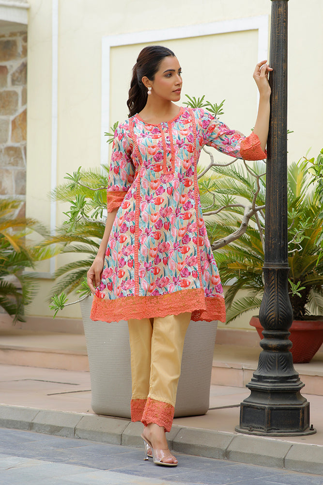 Vaasva Women Lemon Embroidered Printed Kurta Set With Laced Solid Pants