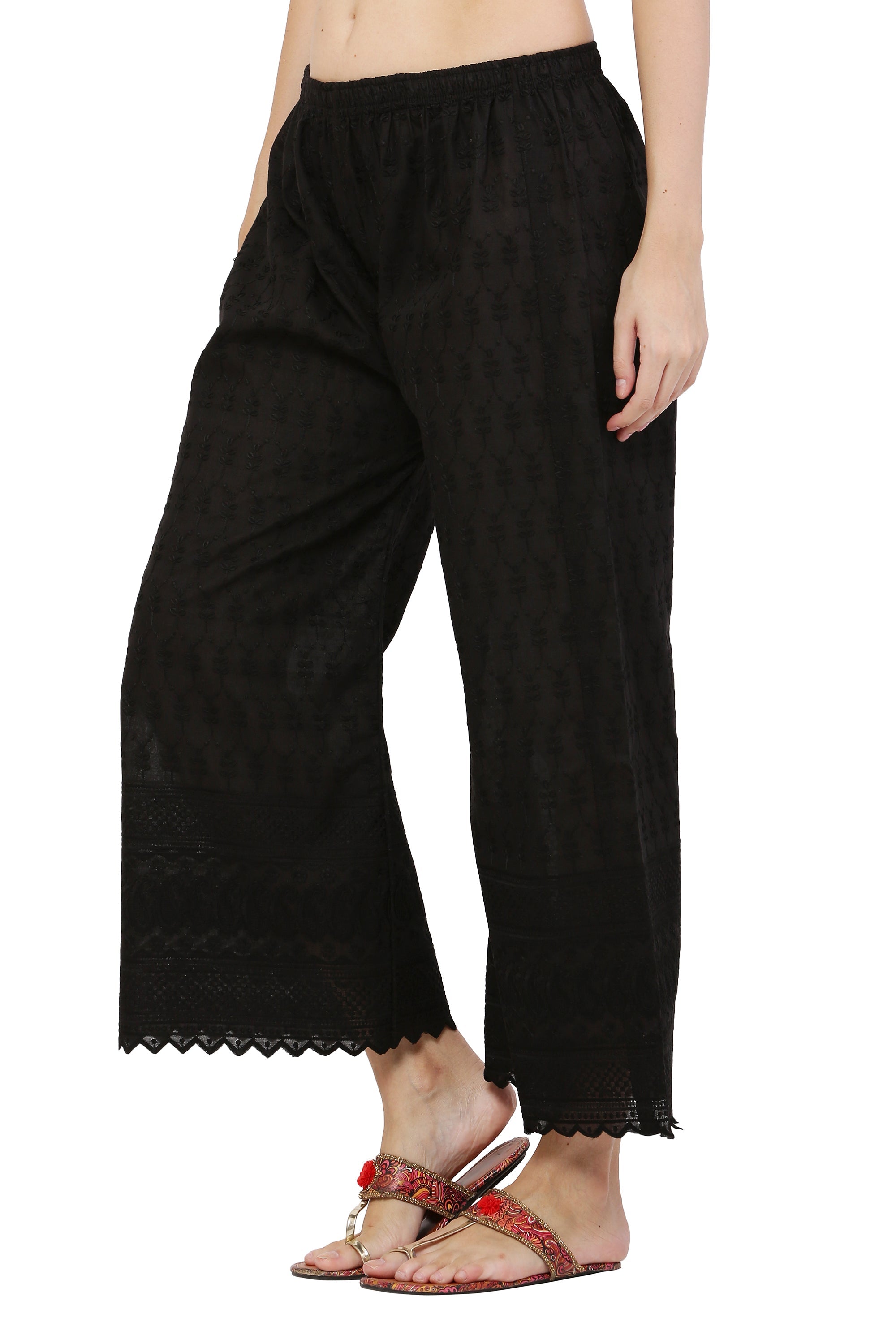 PAVONINE Black Color Half Schiffli Chikankari Cotton Fabric Sharara For Women