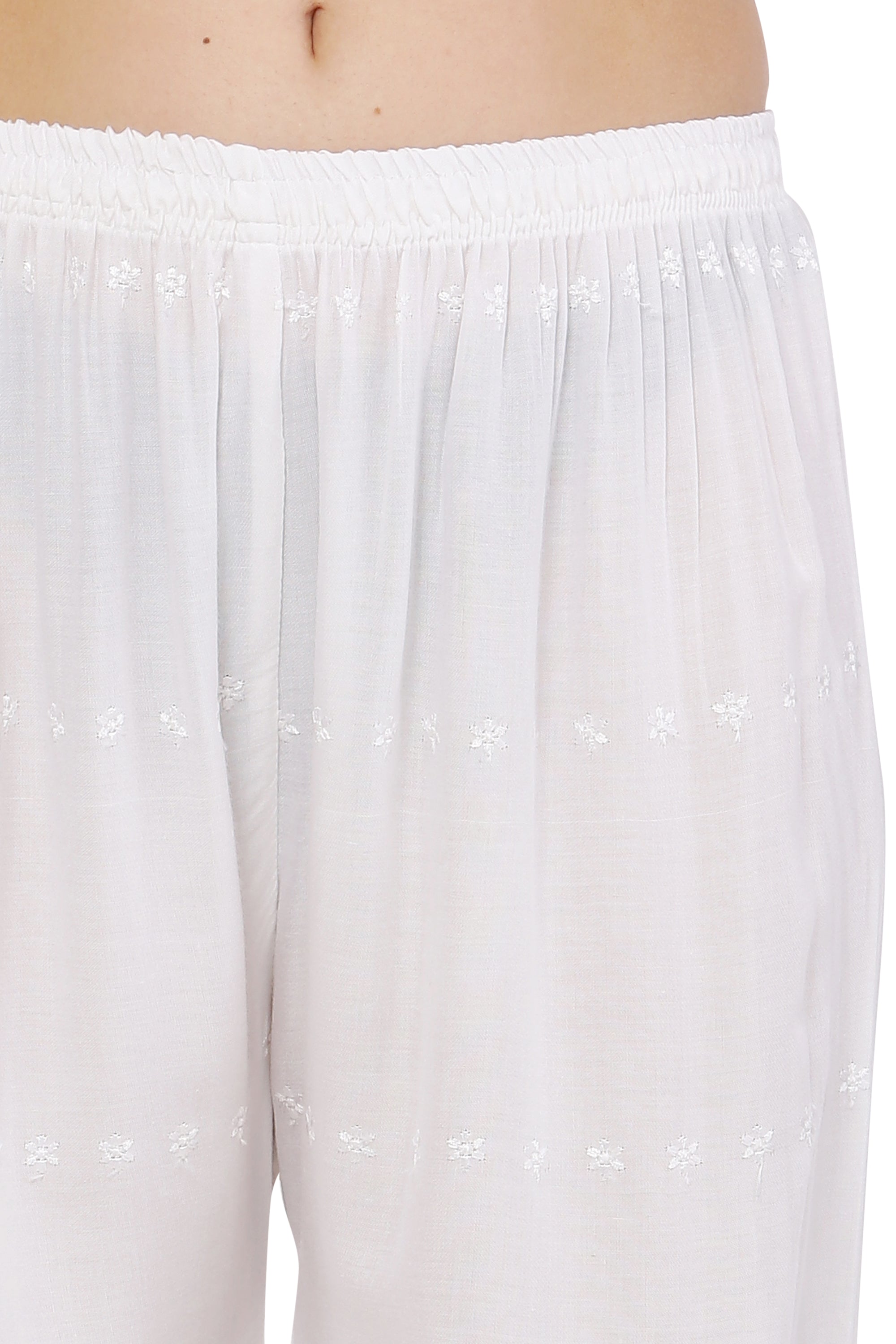 PAVONINE White Color Half Schiffli Chikankari Cotton Fabric Palazzo For Women