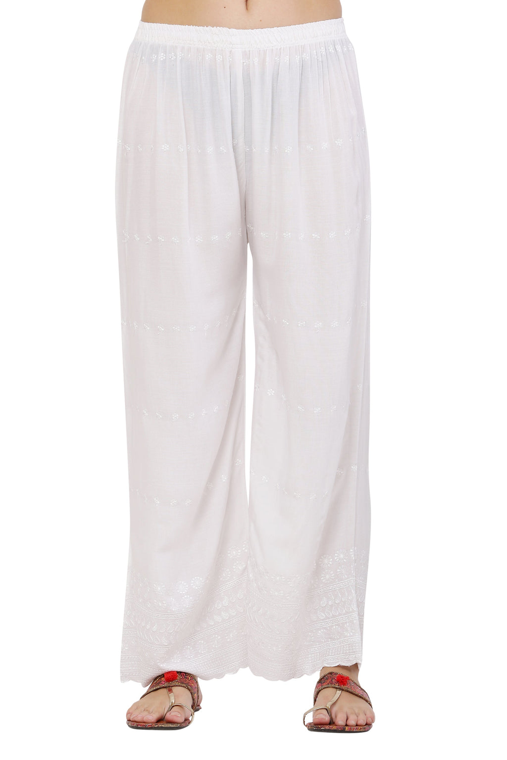 PAVONINE White Color Half Schiffli Chikankari Cotton Fabric Palazzo For Women