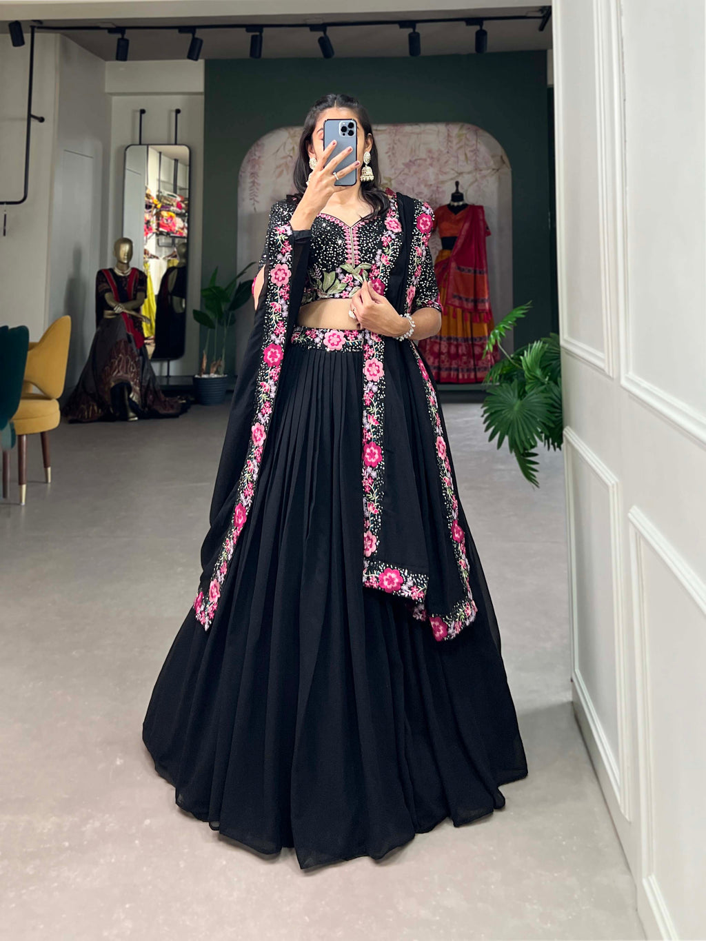 Lorenvalley Black Georgette Plain with Sequins and Thread Embroidery Work Belt Lehenga Choli with Dupatta