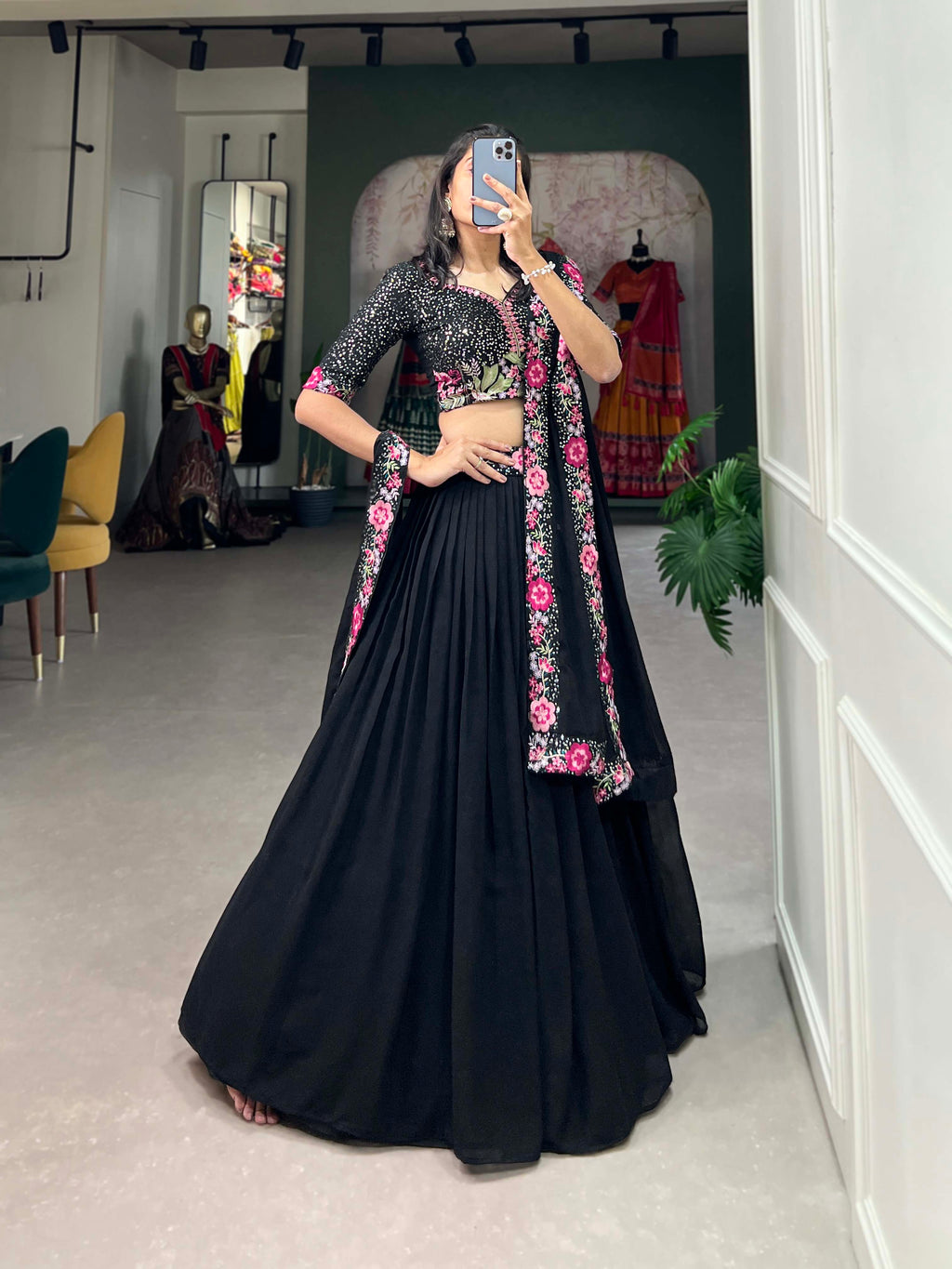 Lorenvalley Black Georgette Plain with Sequins and Thread Embroidery Work Belt Lehenga Choli with Dupatta