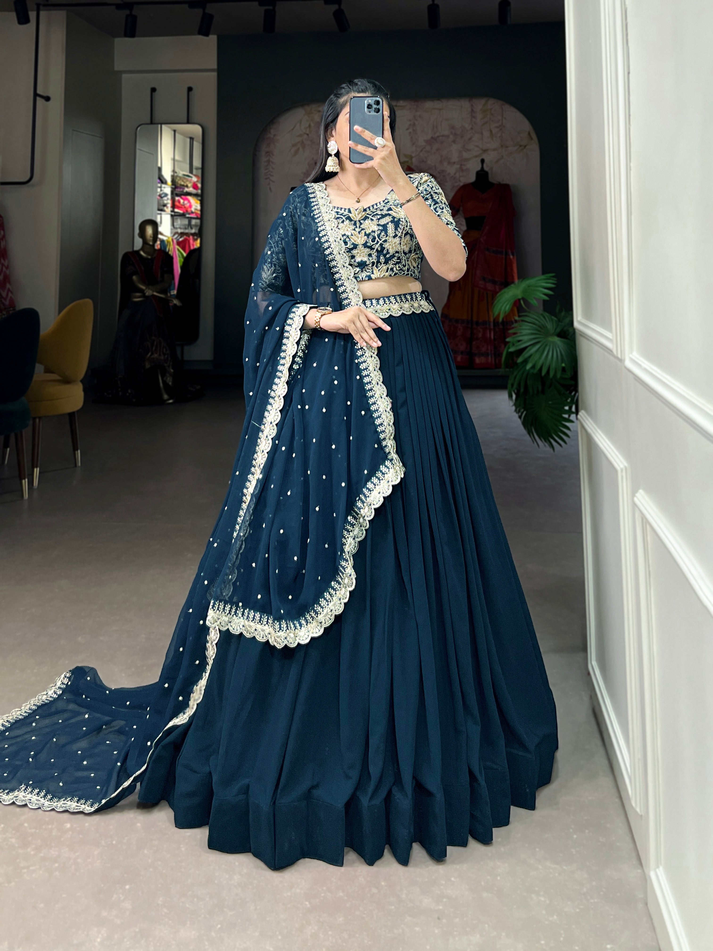 Lorenvalley Teal Georgette Plain with Sequins and Thread Embroidery Work Belt Lehenga Choli