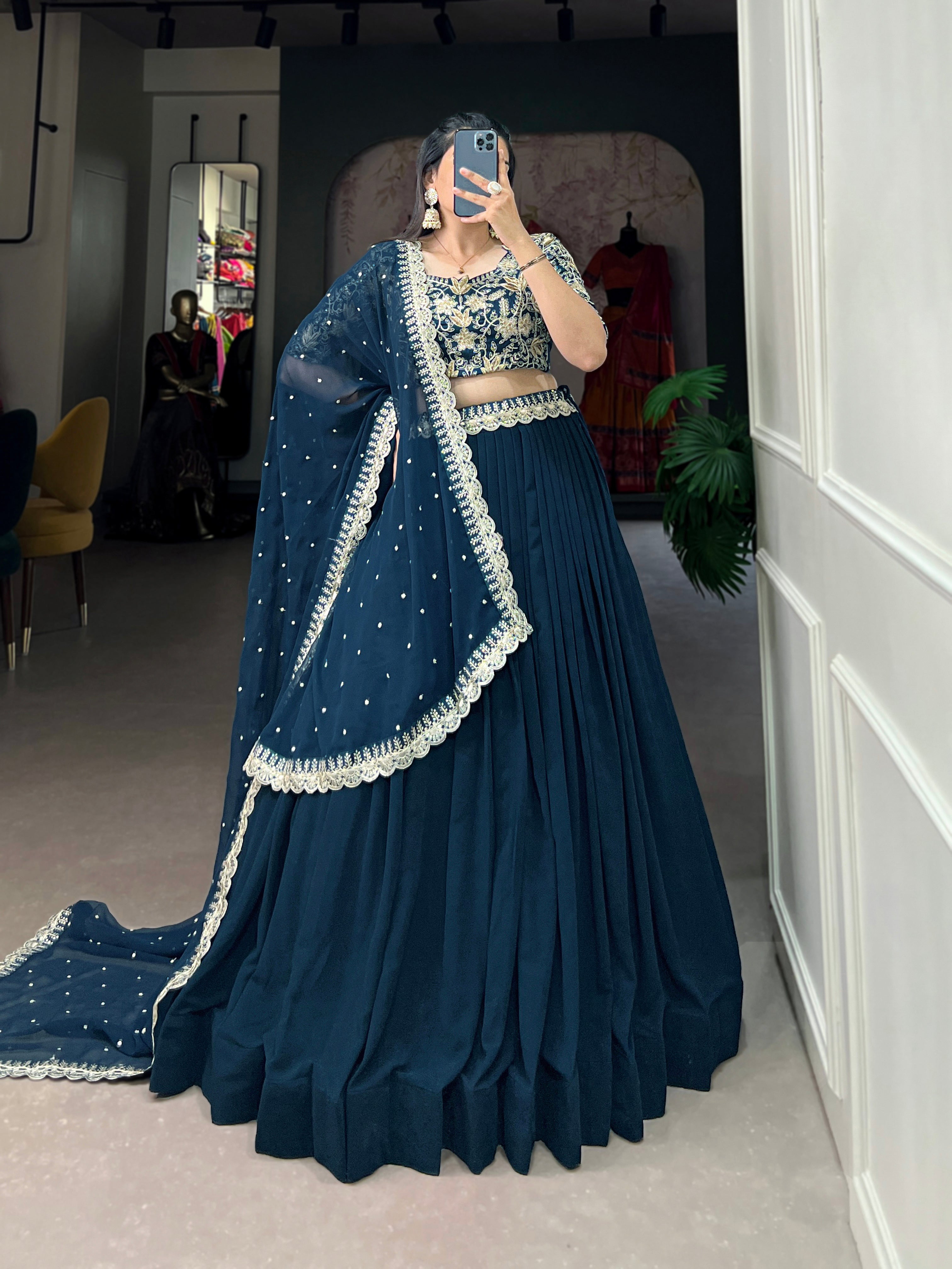 Lorenvalley Teal Georgette Plain with Sequins and Thread Embroidery Work Belt Lehenga Choli