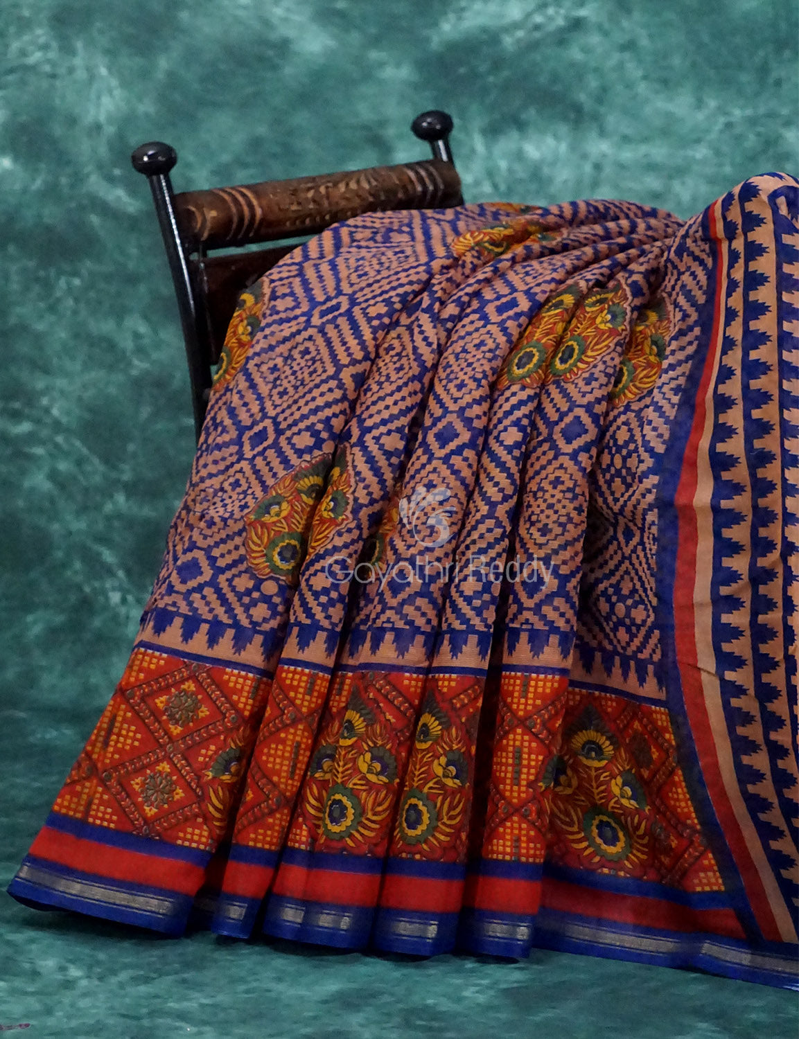 Light Orange And Ink Blue Colour Printed Semi Chanderi Saree By Gayathri Reddy Designer Studio