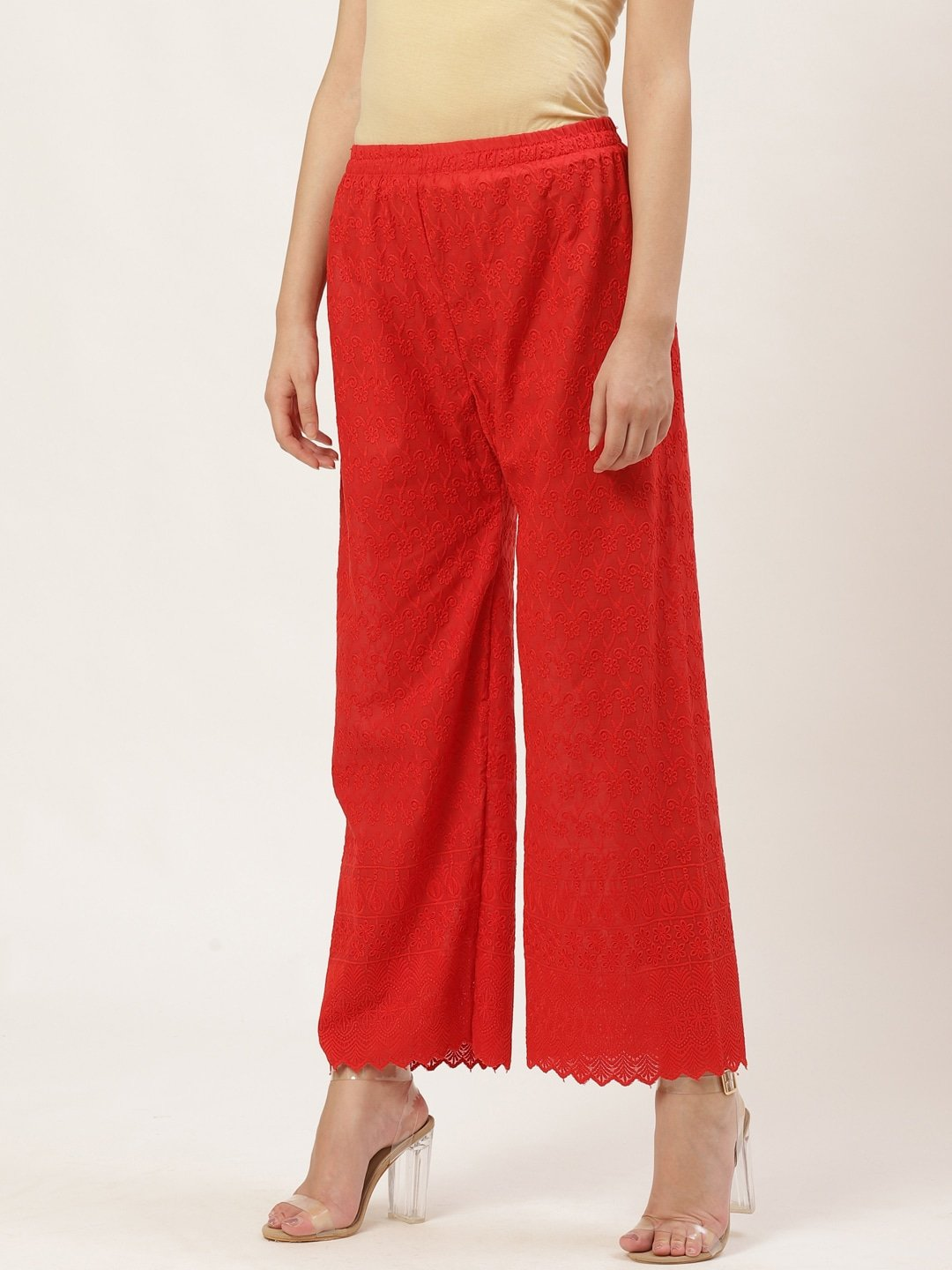 PAVONINE Red Color Full Chikankari Cotton Fabric Palazzo For Women