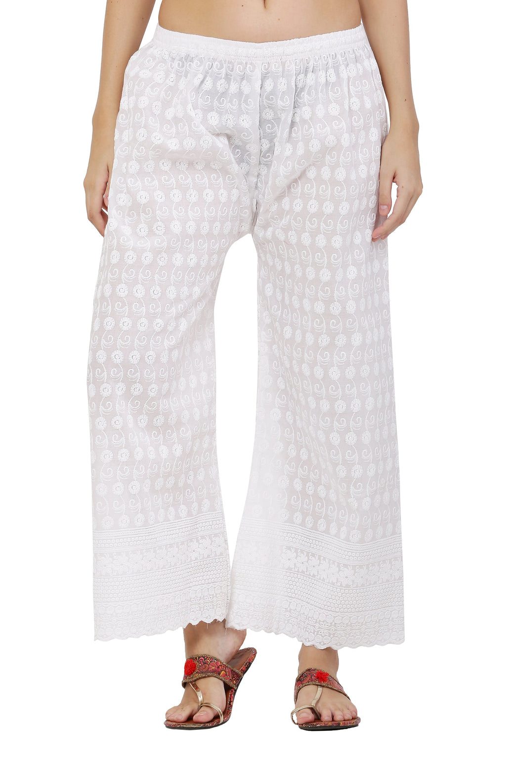 PAVONINE White Color Full Chikankari Cotton Fabric Palazzo For Women