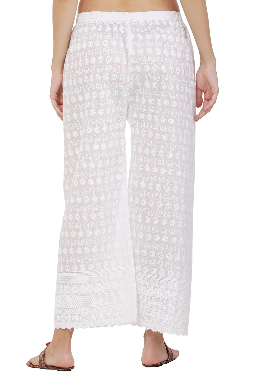 PAVONINE White Color Full Chikankari Cotton Fabric Palazzo For Women