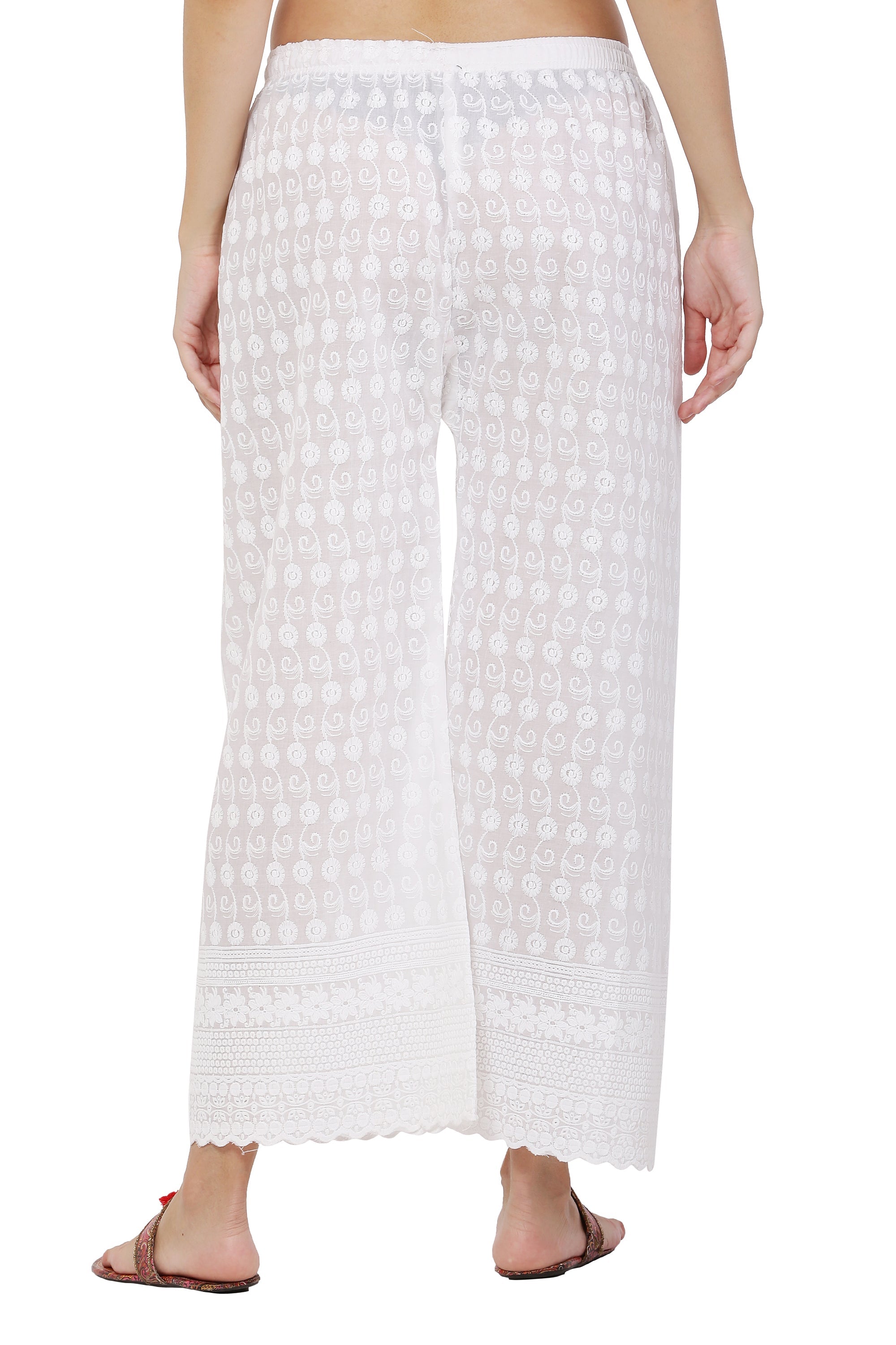 PAVONINE White Color Full Chikankari Cotton Fabric Palazzo For Women