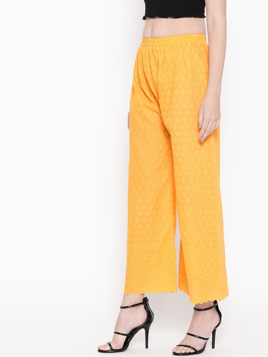 PAVONINE Yellow Color Full Chikankari Cotton Fabric Palazzo For Women