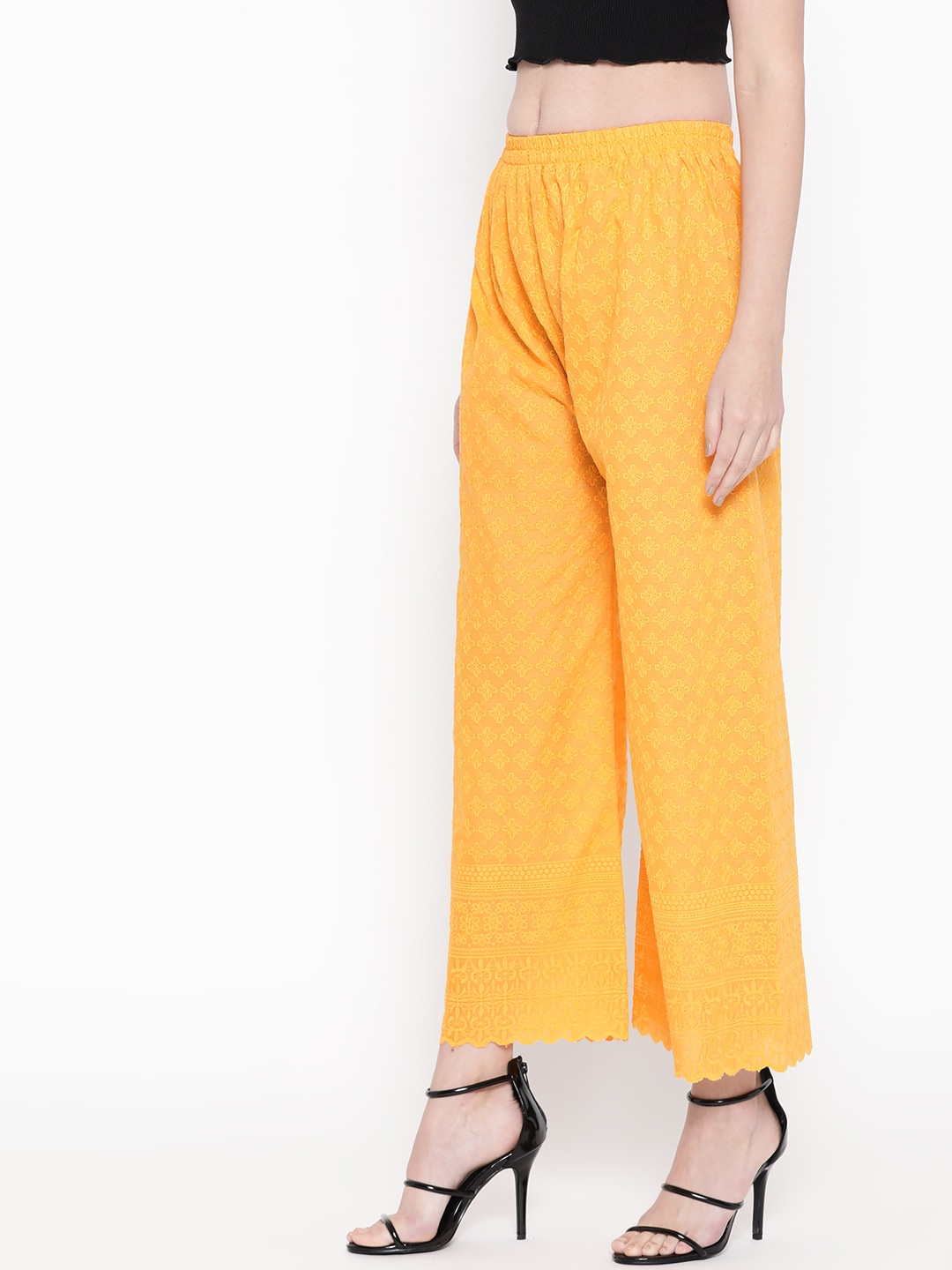 PAVONINE Yellow Color Full Chikankari Cotton Fabric Palazzo For Women