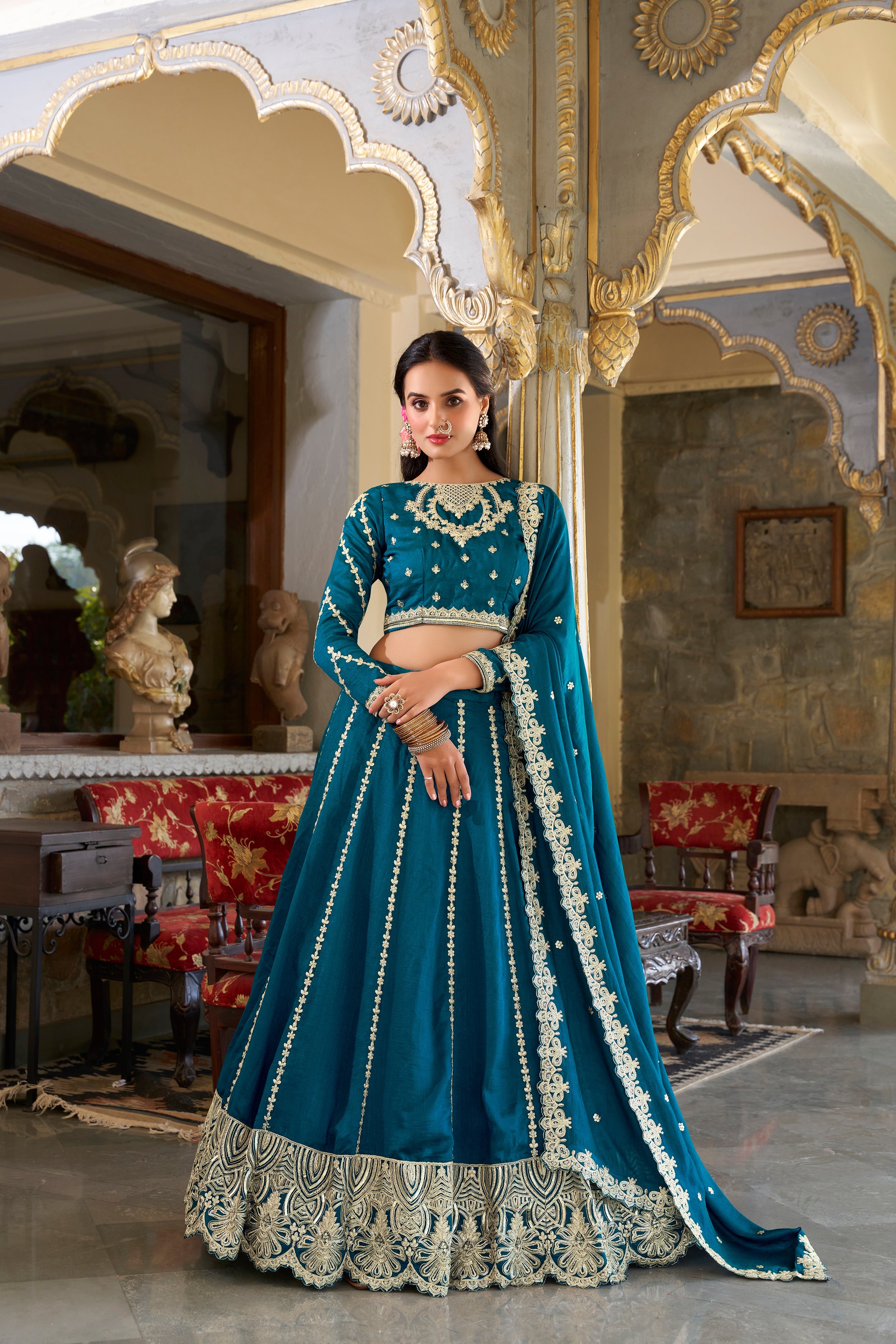 Lorenvalley Rama Vichitra Silk Sequins and Thread Embroidery Work Lehenga Choli