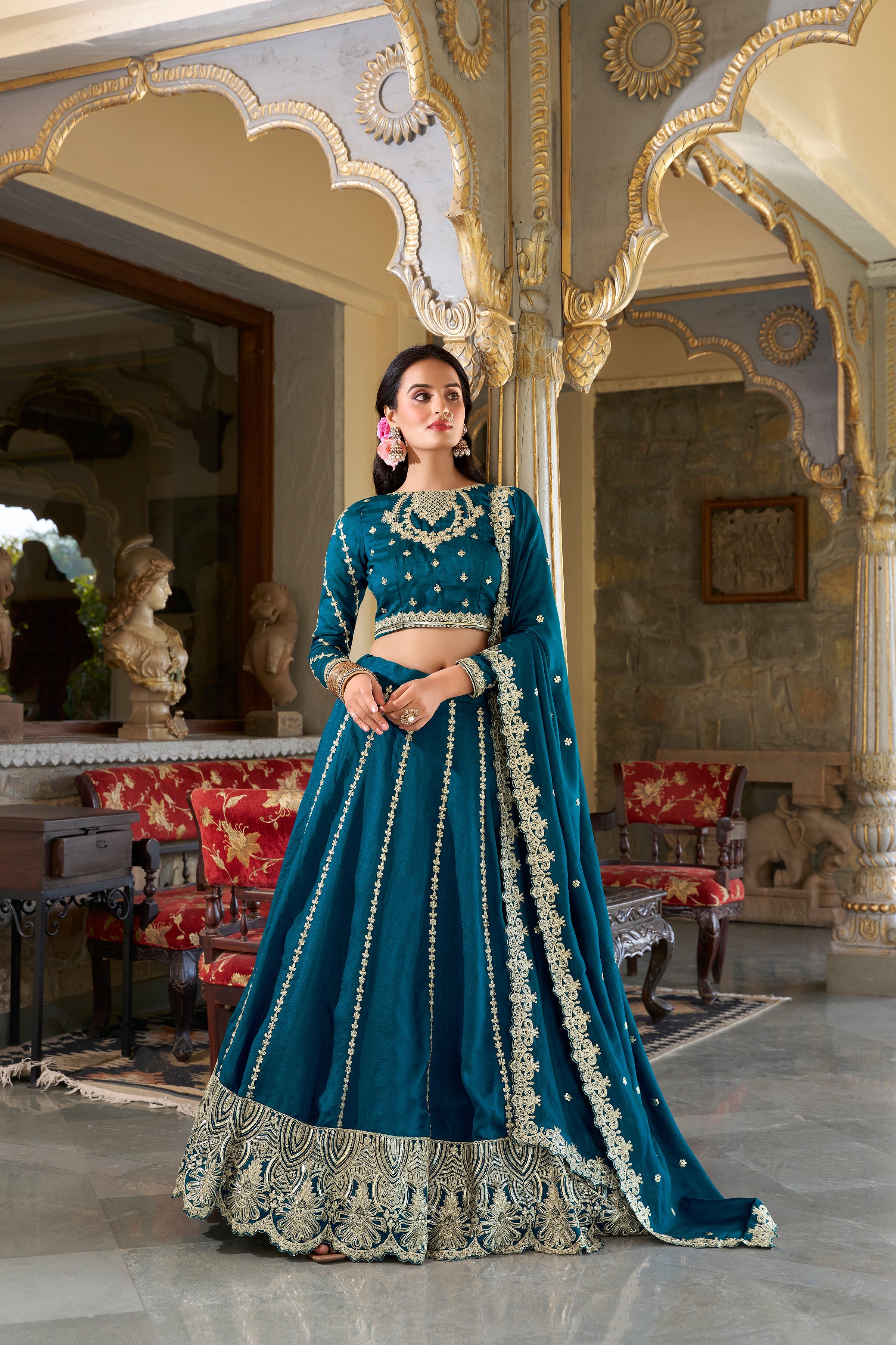 Lorenvalley Rama Vichitra Silk Sequins and Thread Embroidery Work Lehenga Choli
