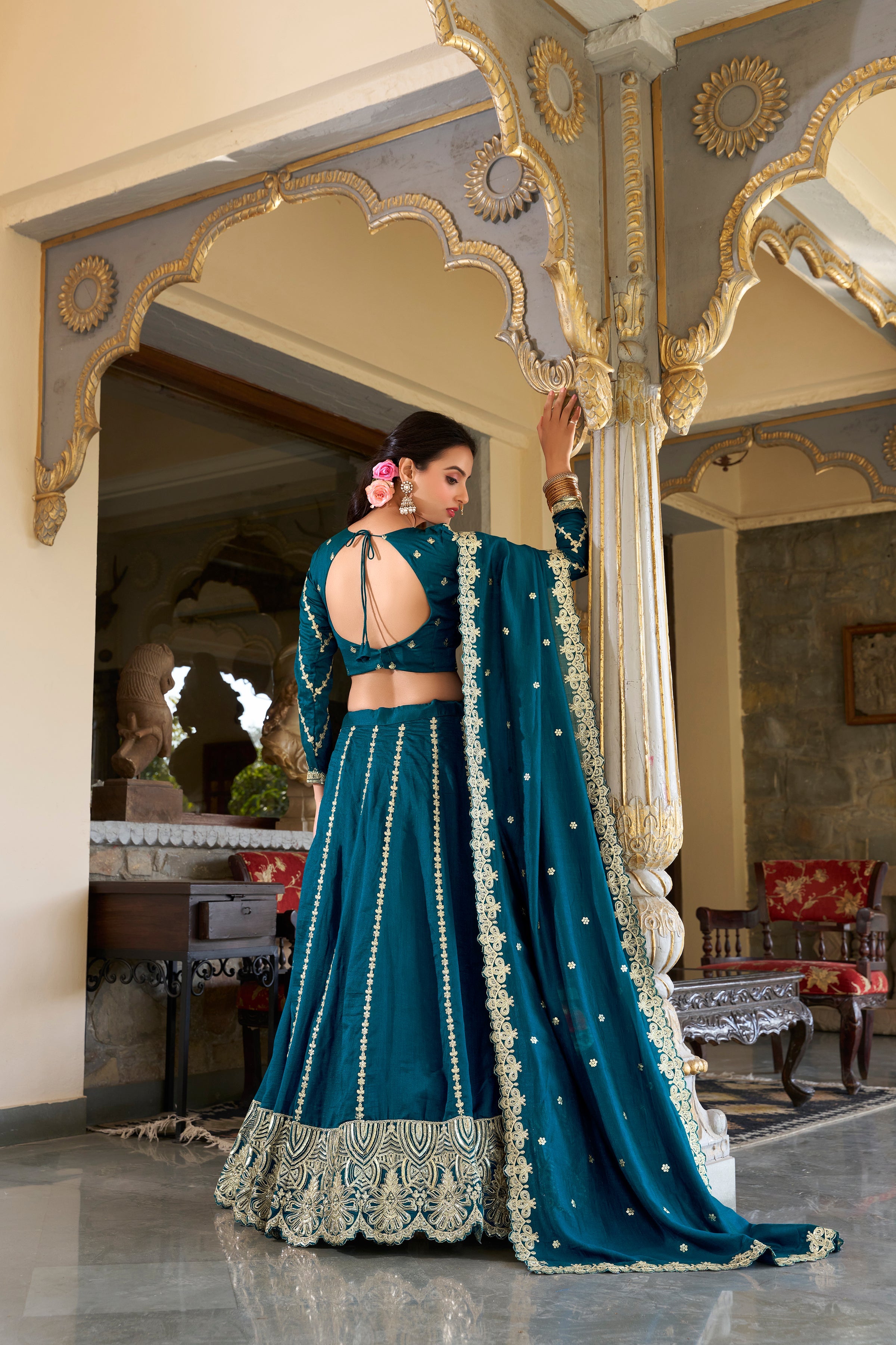 Lorenvalley Rama Vichitra Silk Sequins and Thread Embroidery Work Lehenga Choli