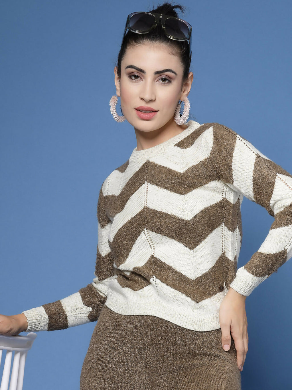 Women Cream Acrylic Stripe & Solid Winter Co-Ord Set - Wool Trees