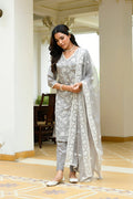 Vaasva Women Grey Linen Embroidered Solid Kurta Set With Solid Pants & Chiffon Embroidered Dupatta