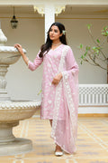 Vaasva Women Pink Linen Embroidered Solid Kurta Set With Solid Pants & Chiffon Embroidered Dupatta