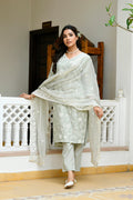 Vaasva Women Pista Linen Embroidered Solid Kurta Set With Solid Pants & Chiffon Embroidered Dupatta