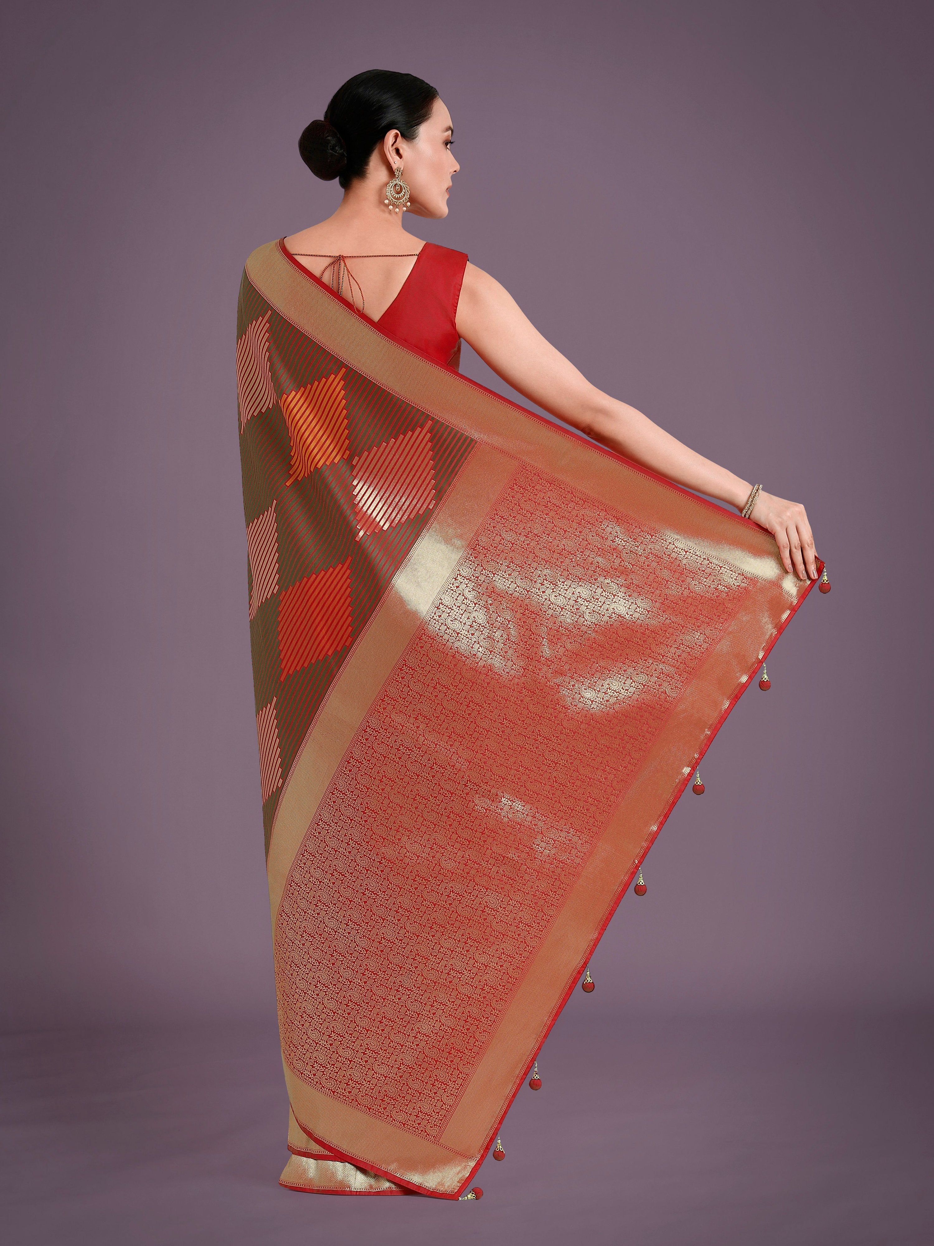 Monjolika Fashion Red Colour Banarasi Silk Zari Weaving Classic Saree