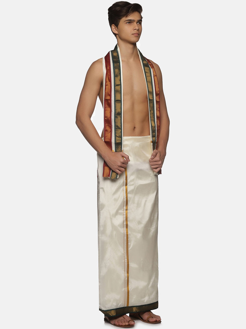 Sethukrishna Men Cream-Coloured Solid Dhotis With Angavastram