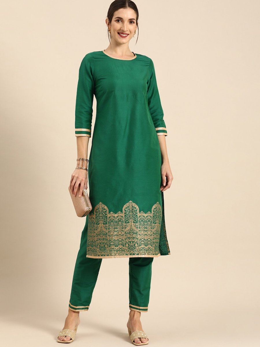 All About You Women Green & Gold Printed Regular Kurta with Trousers