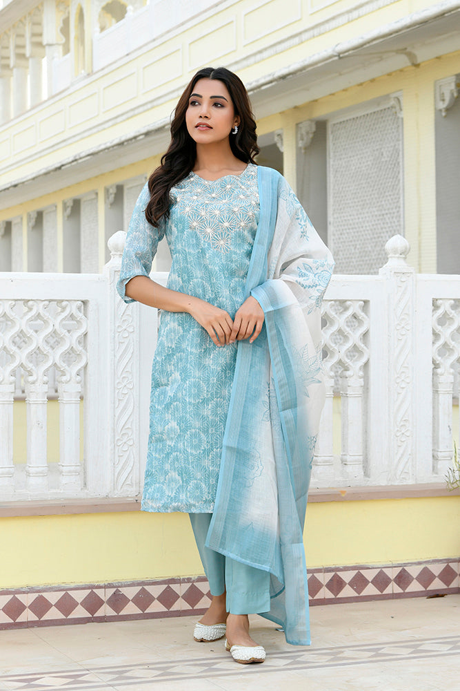 Vaasva Women Blue Tissue Linen Embroidered Solid Kurta Set With Solid Pants & Printed Dupatta