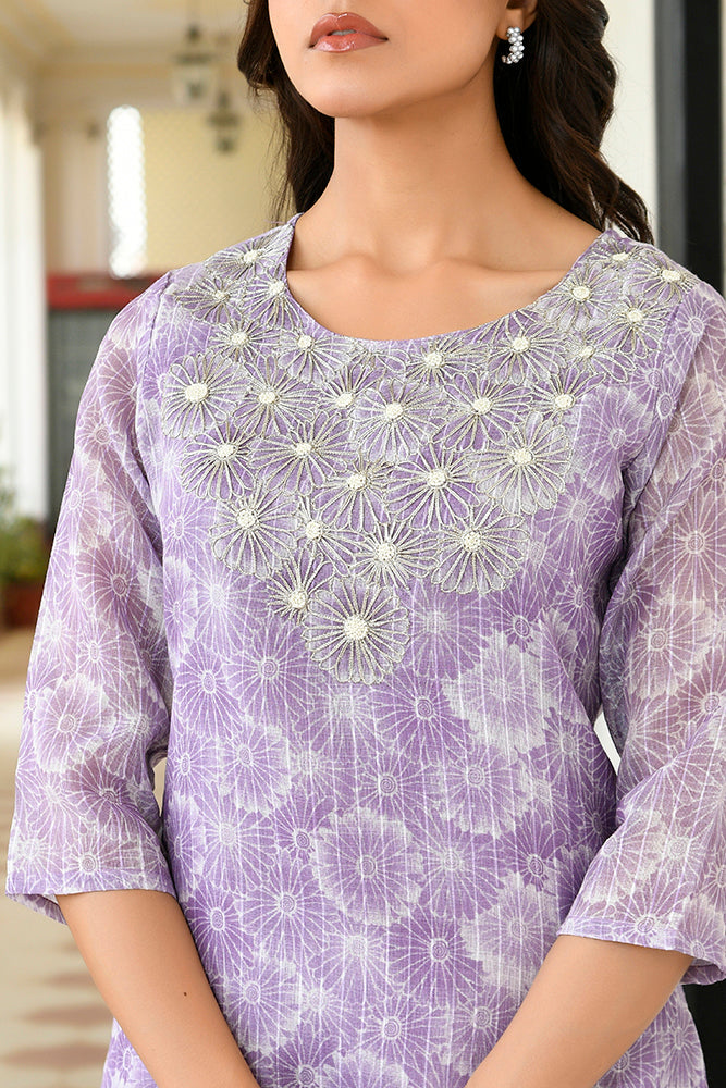 Vaasva Women Lavender Tissue Linen Embroidered Solid Kurta Set With Solid Pants & Printed Dupatta
