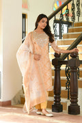 Vaasva Women Mustard Tissue Linen Embroidered Solid Kurta Set With Solid Pants & Printed Dupatta