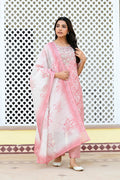 Vaasva Women Pink Tissue Linen Embroidered Solid Kurta Set With Solid Pants & Printed Dupatta