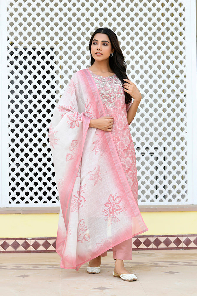 Vaasva Women Pink Tissue Linen Embroidered Solid Kurta Set With Solid Pants & Printed Dupatta