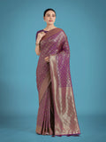 Monjolika Fashion Dark Purple Color Baanrasi Satin Silk Saree for Wedding Functions