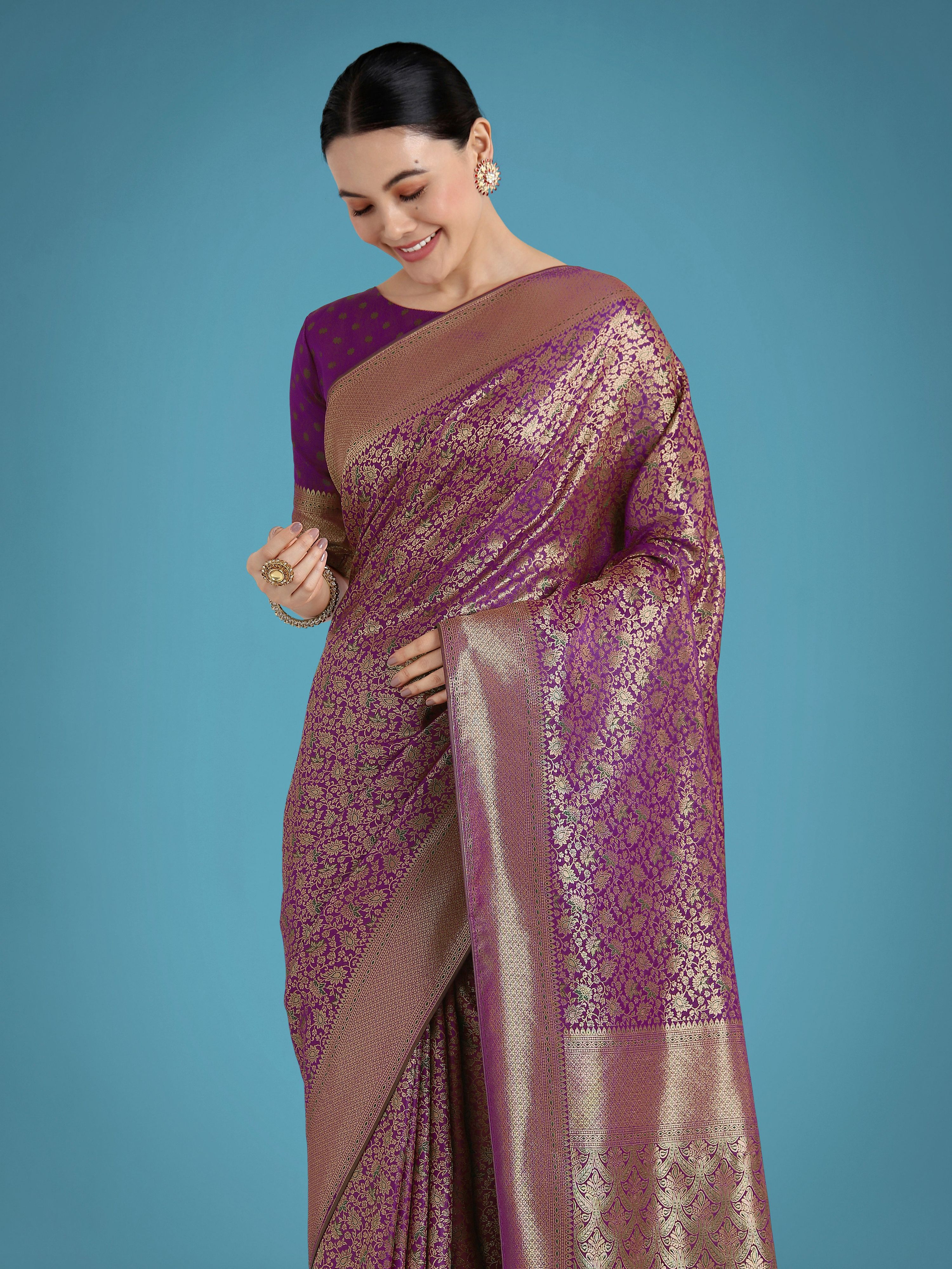 Monjolika Fashion Dark Purple Color Baanrasi Satin Silk Saree for Wedding Functions