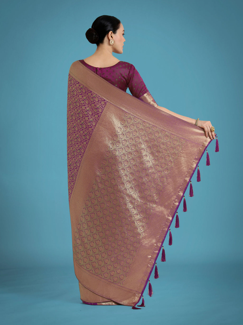 Monjolika Fashion Dark Purple Color Baanrasi Satin Silk Saree for Wedding Functions