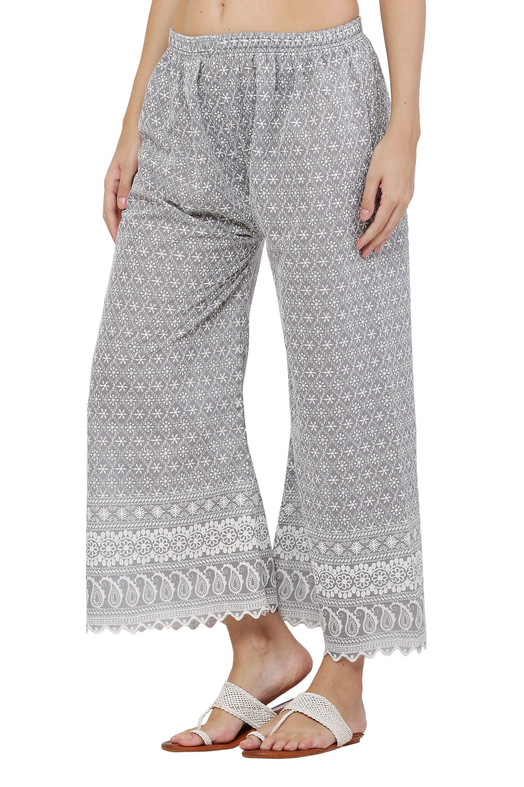PAVONINE Grey Color Full Thread Chikankari Cotton Fabric Sharara For Women