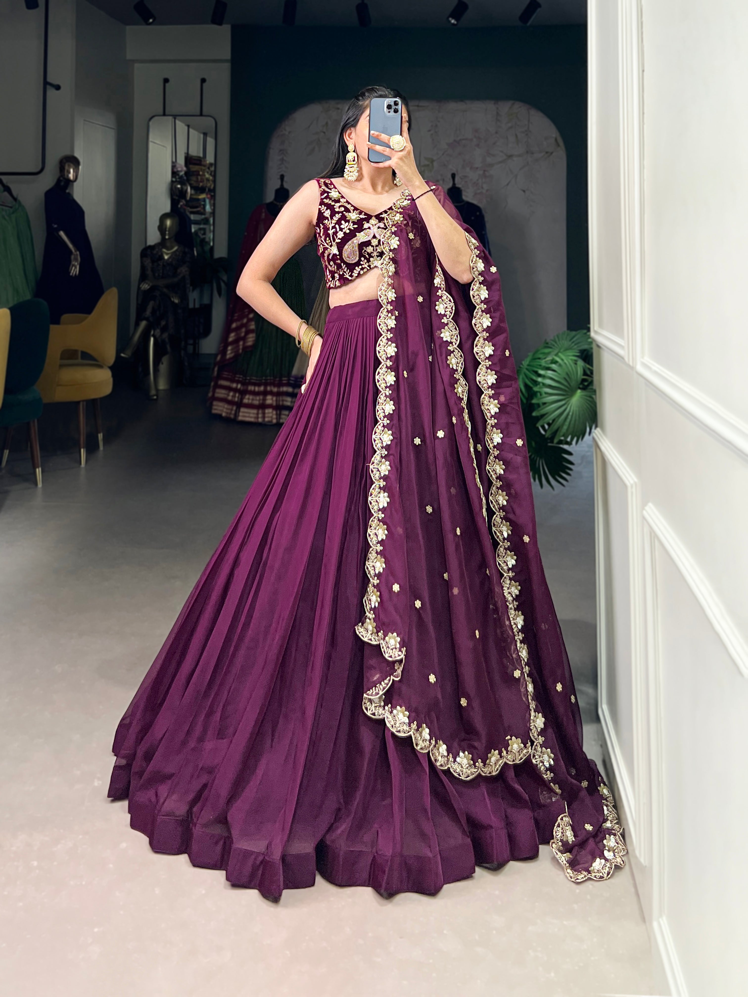 Lorenvalley Wine Organza Plain Lehenga Choli Embroidery Work with Dupatta